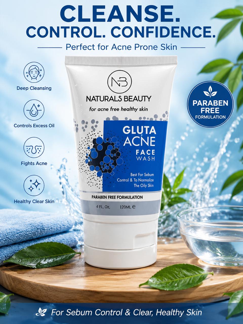 Naturals Beauty Gluta Acne Face Wash Paraben Free Formulation | For Acne Free Healthy Skin | 4 FL. Oz. / 120ML